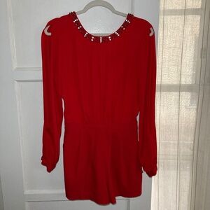 Guess Red Long-Sleeve Romper with Rhinestone Neckline ❤️✨